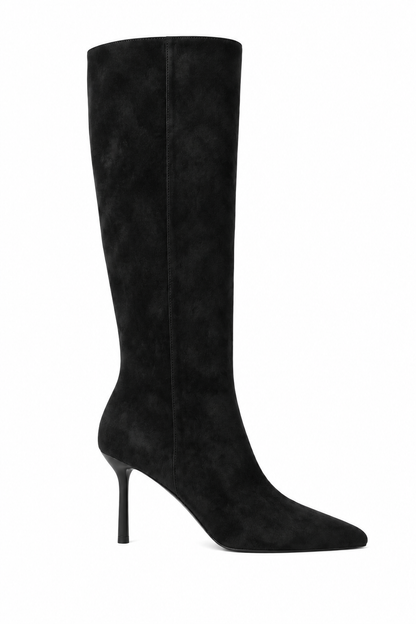 Selena Luxe Knee High Faux Suede Kitten Heel Wide Leg Boot Black