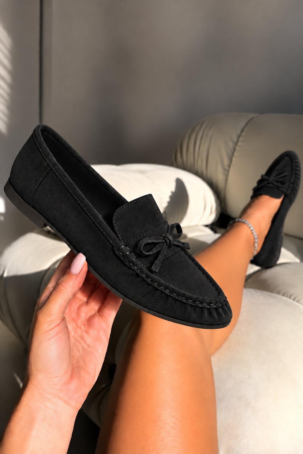 Sorelle Faux Suede Bow Trim Slip-On Loafers Black
