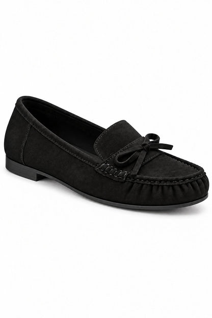 Sorelle Faux Suede Bow Trim Slip-On Loafers Black