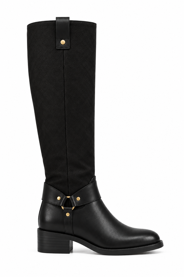 Nova Knee High Two-Texture Decorative Buckle Flat Boots Black