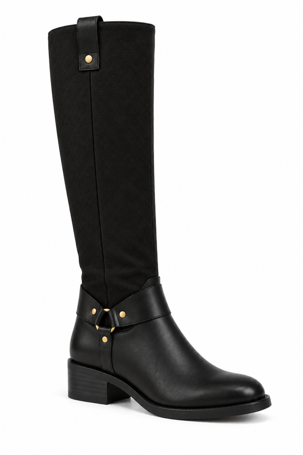 A single black knee-high boot with a matte black finish, featuring a low block heel, a decorative strap with gold-tone studs and a buckle at the ankle, and a pull tab with a gold stud near the top, shown against a plain white background.