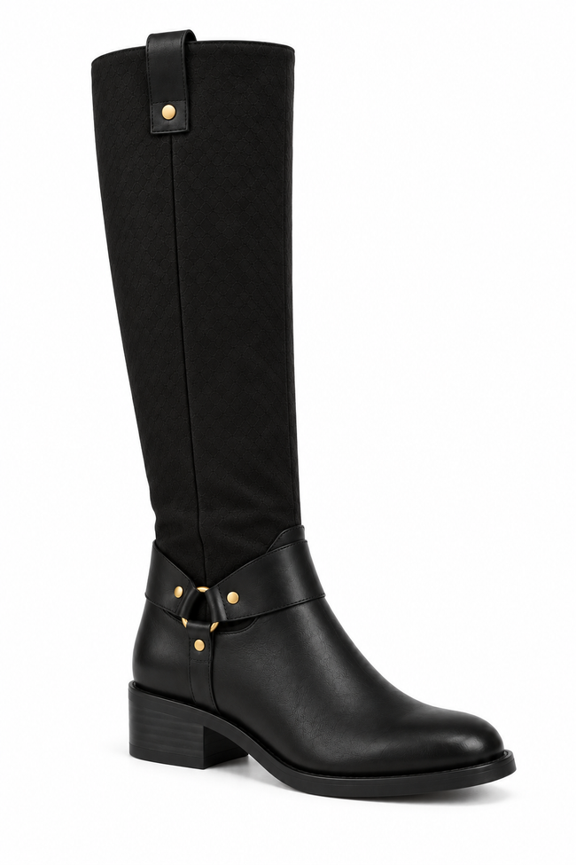 A single black knee-high boot with a matte black finish, featuring a low block heel, a decorative strap with gold-tone studs and a buckle at the ankle, and a pull tab with a gold stud near the top, shown against a plain white background.