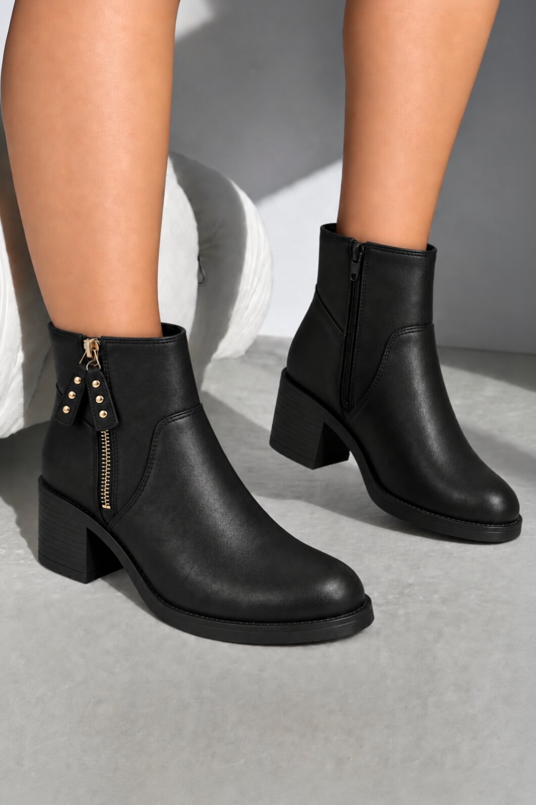 Blake Luxe Faux Leather Studded Side Zip Block Heel Ankle Boots Black