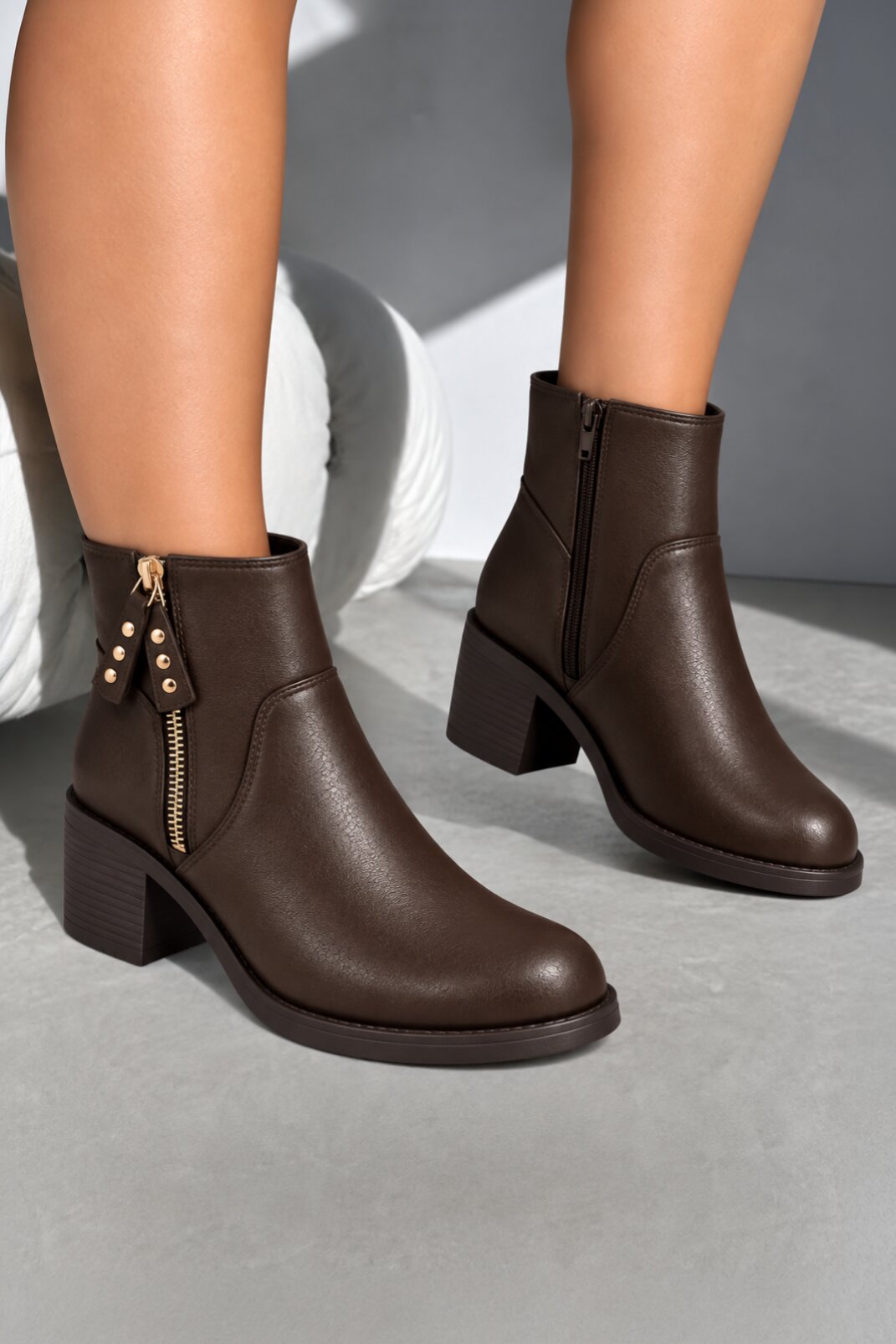Blake Luxe Faux Leather Studded Side Zip Block Heel Ankle Boots Brown