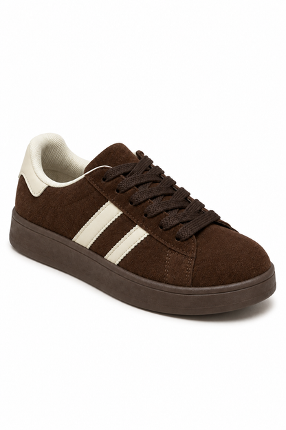 Classic Faux Suede Lace-Up Stripe Trainers Beige Brown