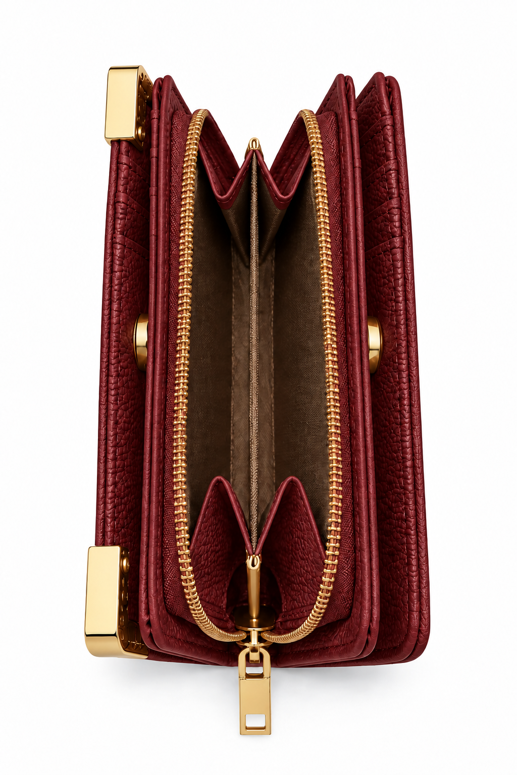 Burgundy red textured tote purse shown from the side, featuring multiple accordion style compartments, a central zippered section with gold tone zipper and pull, and  gold metal hardware. 