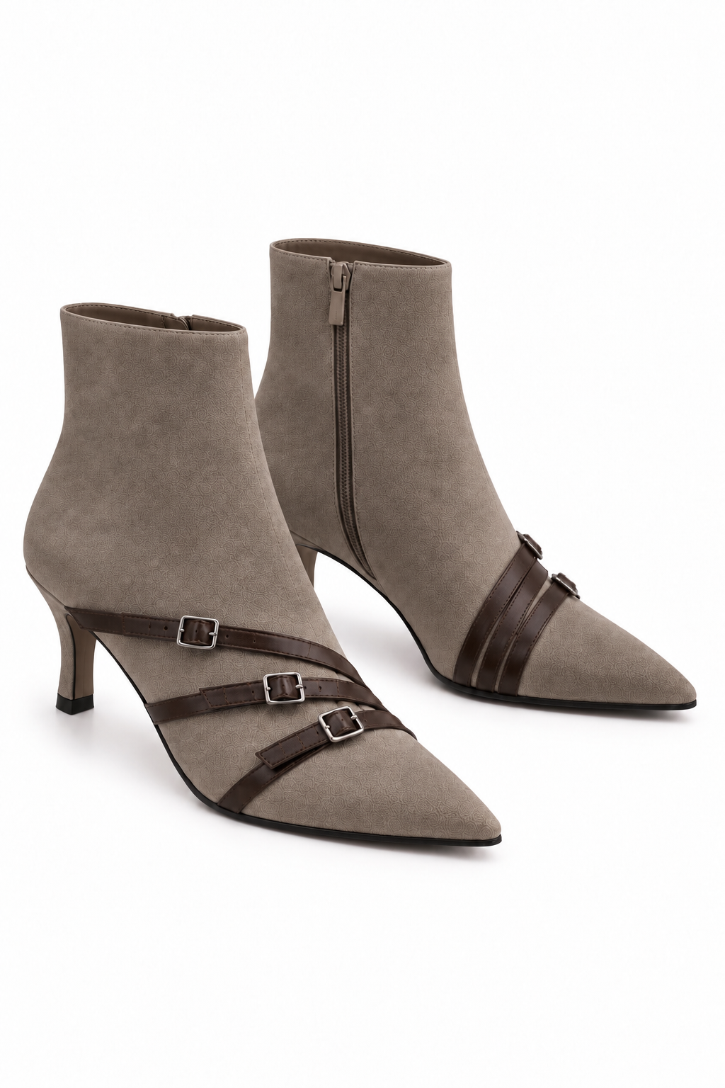 Elara Faux Suede Triple Buckle Zip Up Kitten Heel Ankle Boots Mink