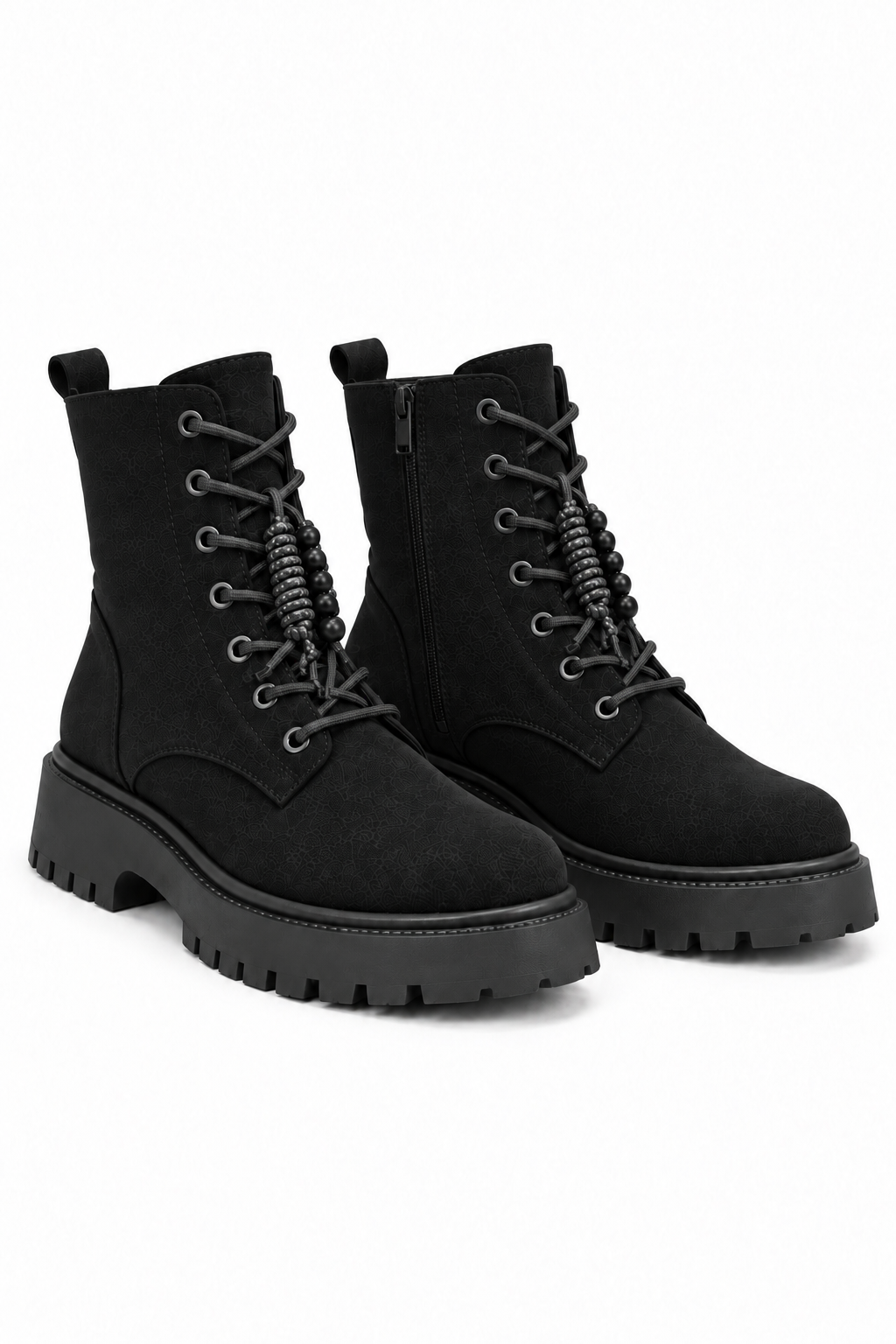 Dakota Comfort Lace-Up Chunky Faux Suede Zip Up Biker Boots Black