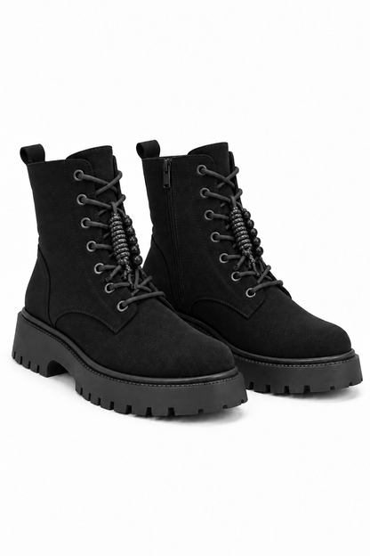 Dakota Comfort Lace-Up Chunky Faux Suede Zip Up Biker Boots Black