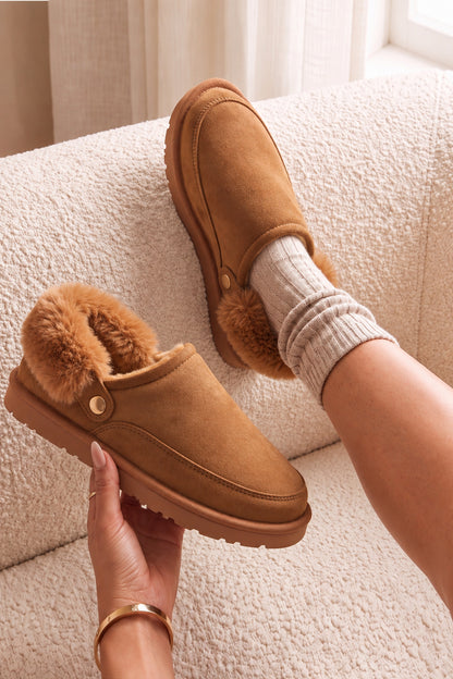 Sasha Faux Suede Fur Lined Mule Slippers Camel