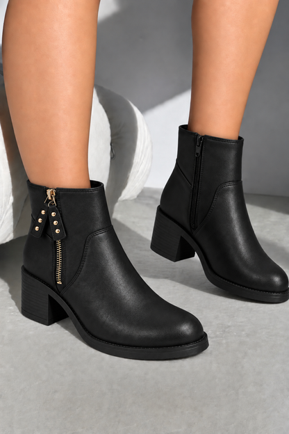 Blake Luxe Faux Leather Studded Side Zip Block Heel Ankle Boots Black