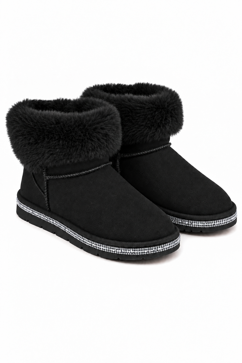Crystal Faux Suede Snuggle Cloud Cuff Faux Fur Boots Black