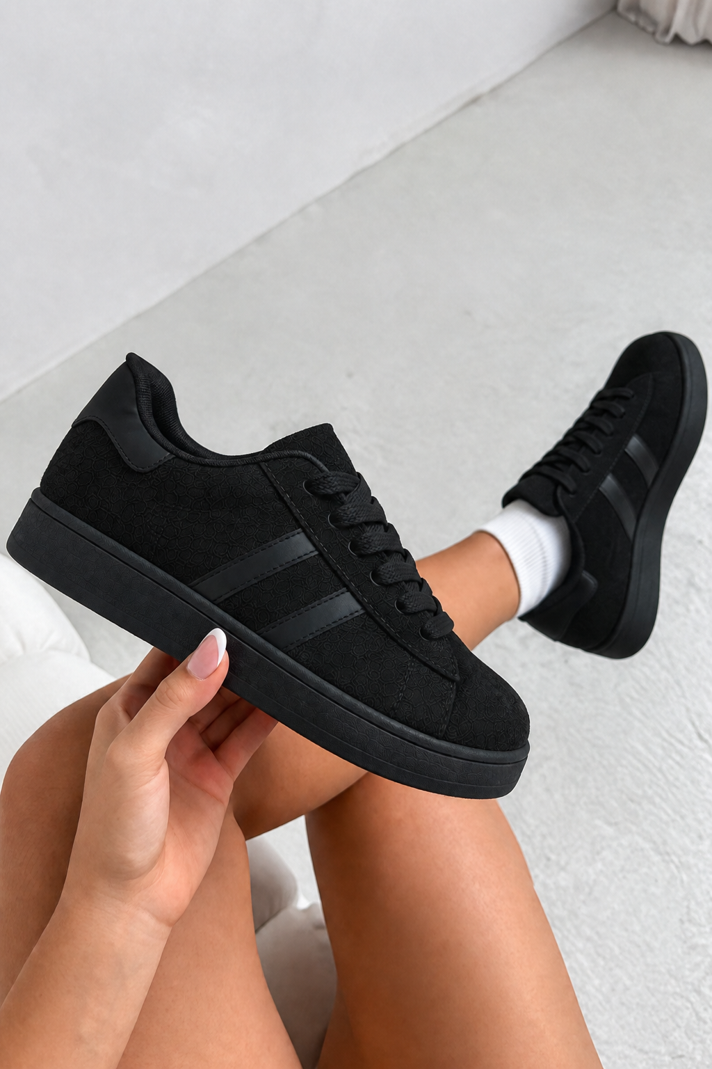 Classic Faux Suede Lace-Up Stripe Trainers All Black