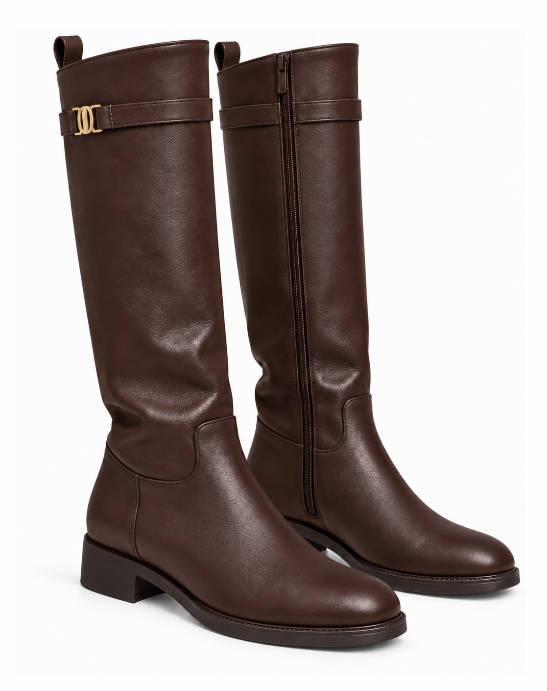 Elodie Luxe Buckle Trim Leather Look Zip Up Knee High Boots Coffee Brown