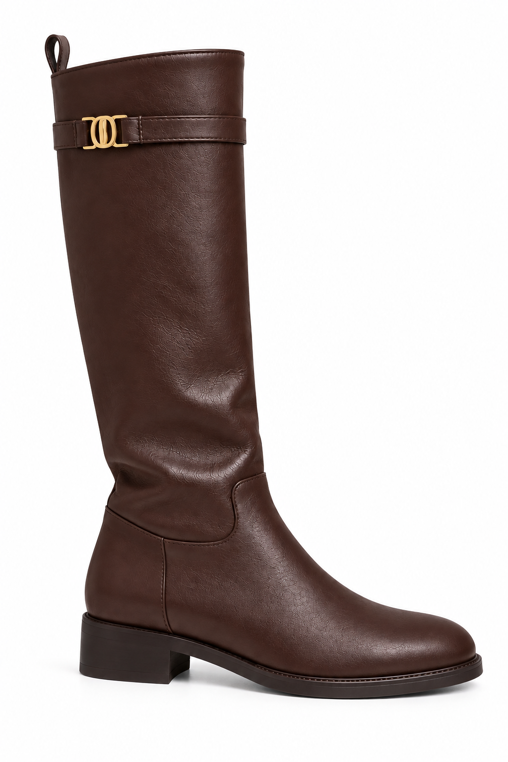 Elodie Luxe Buckle Trim Leather Look Zip Up Knee High Boots Coffee Brown