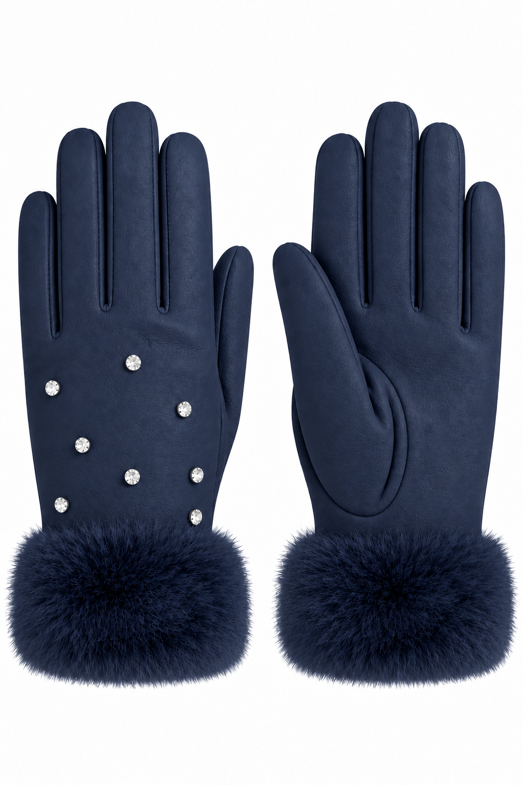 Amelie Crystal Faux Fur Cuff Trim Faux Leather Winter Gloves Navy