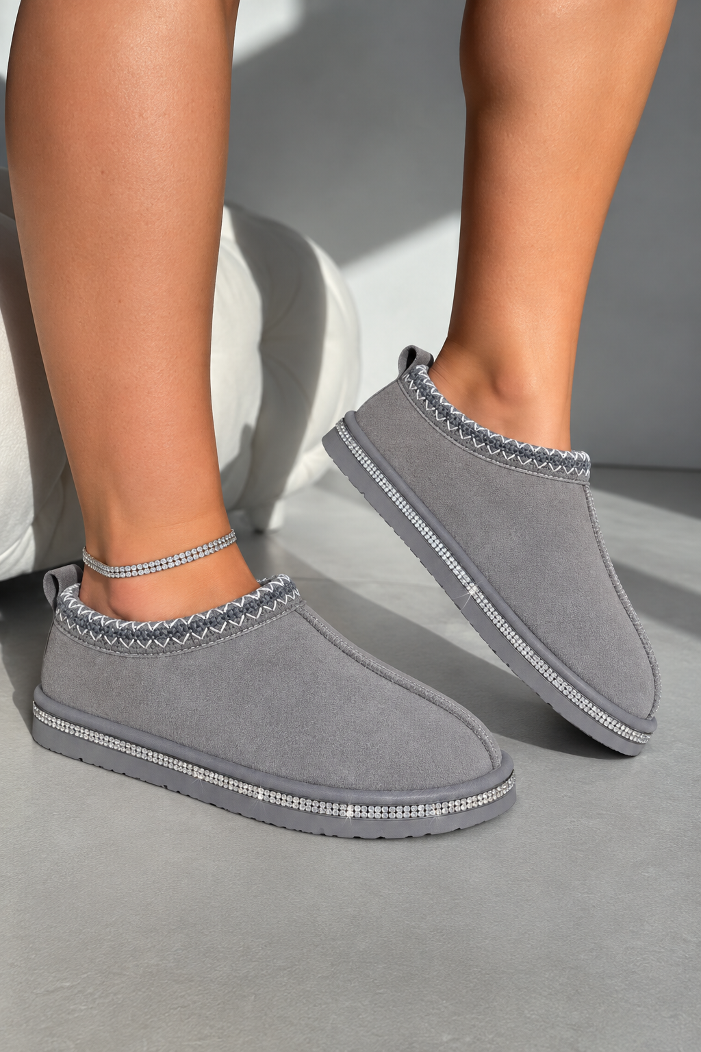 Crystal Tazgirl Faux Fur Lined Mule Clog Slippers Grey