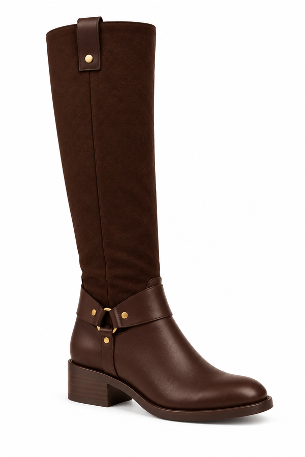 Nova Knee High Two-Texture Decorative Buckle Flat Boots Brown