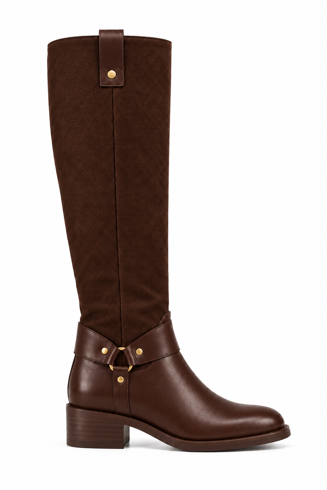 Nova Knee High Two-Texture Decorative Buckle Flat Boots Brown