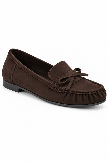 Sorelle Faux Suede Bow Trim Slip-On Loafers Brown