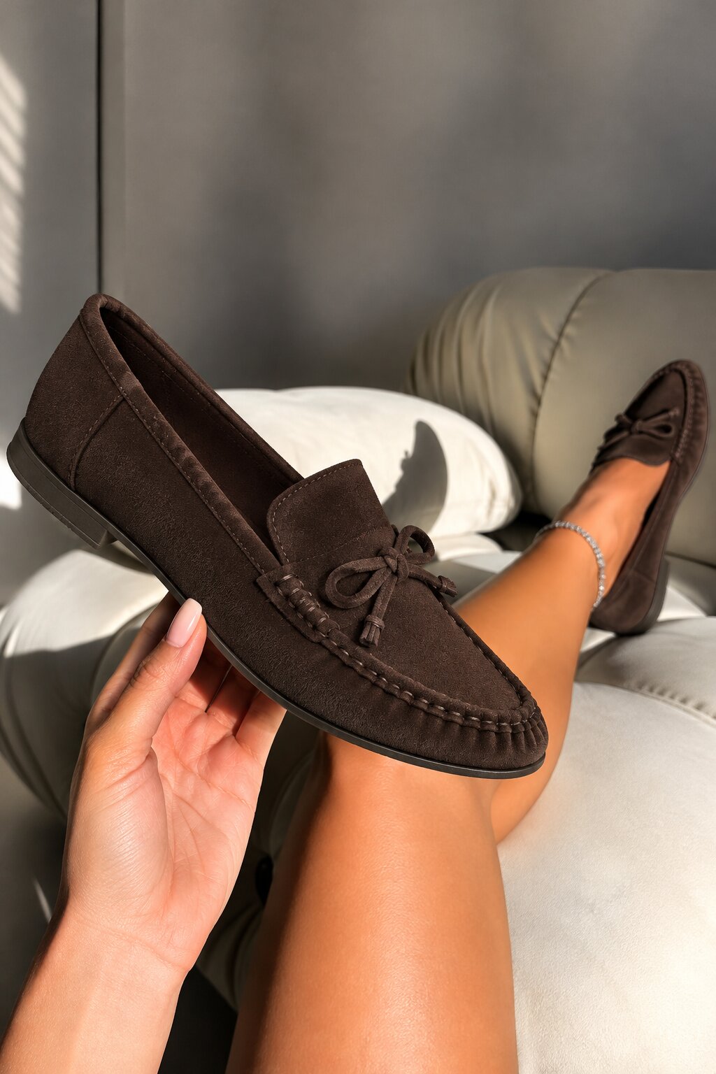 Sorelle Faux Suede Bow Trim Slip-On Loafers Brown