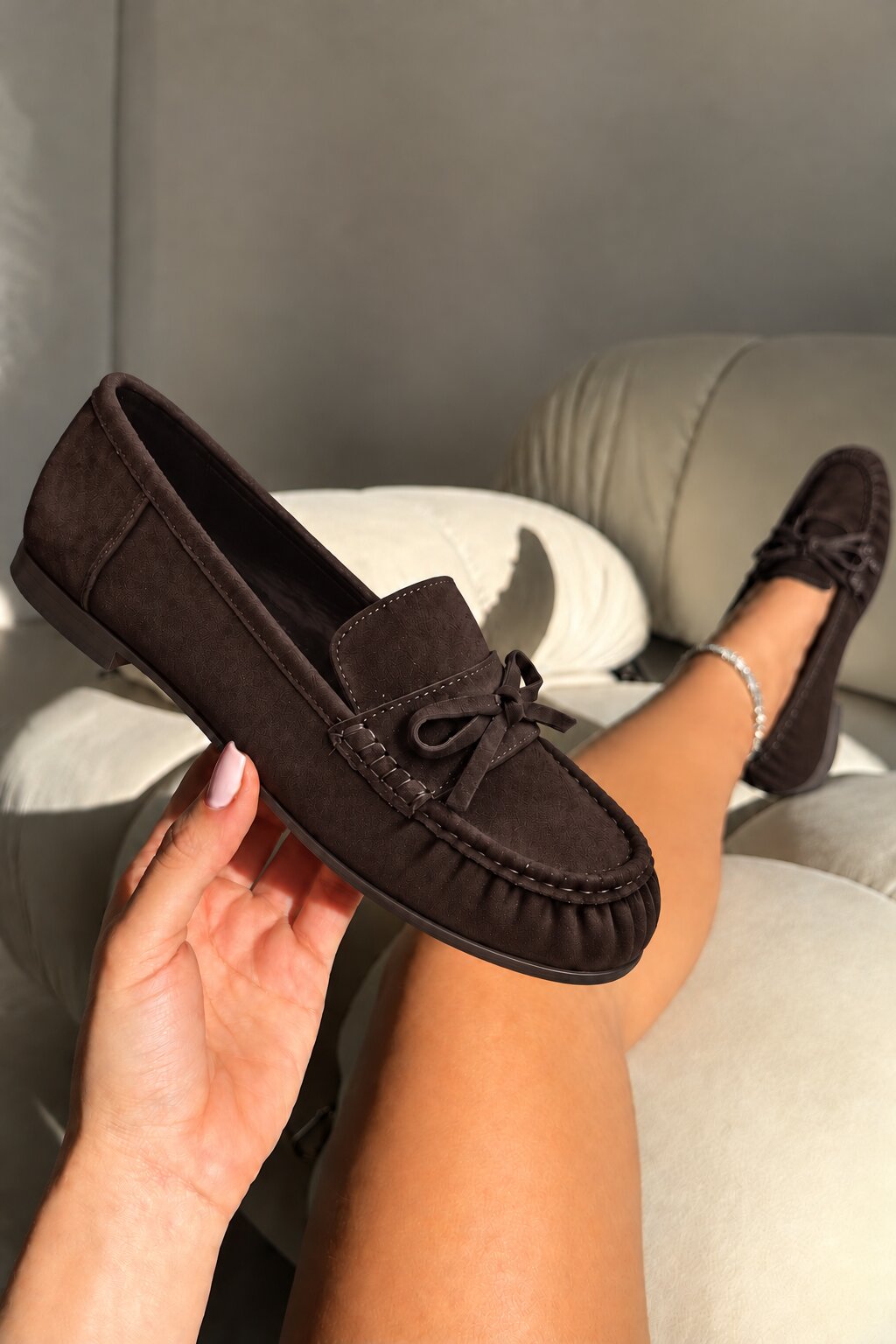 Sorelle Faux Suede Bow Trim Slip-On Loafers Brown