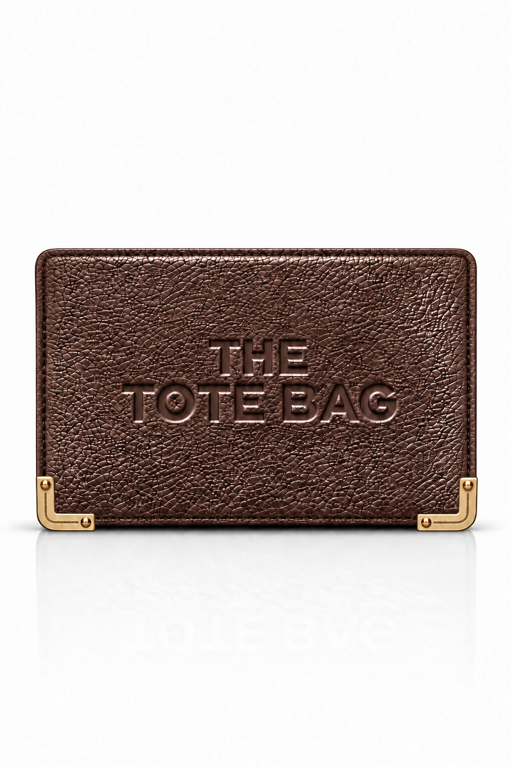 Dark brown textured tote purse with embossed lettering on the front and gold-tone metal corner protectors with rivet detailing. Set against a plain white background.