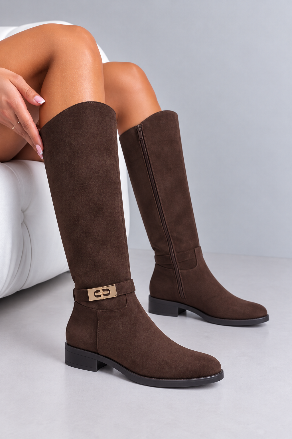 Mayfair Luxe Iconic Buckle Faux Suede Boots Brown