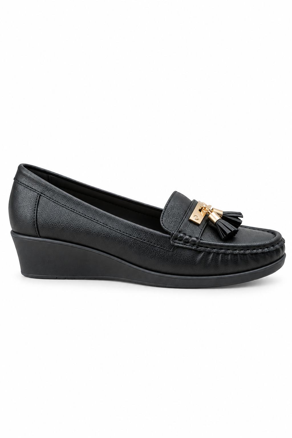 Clara Faux Leather Tassel Detail Wedge Loafers Black