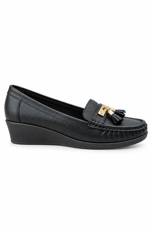 Clara Faux Leather Tassel Detail Wedge Loafers Black