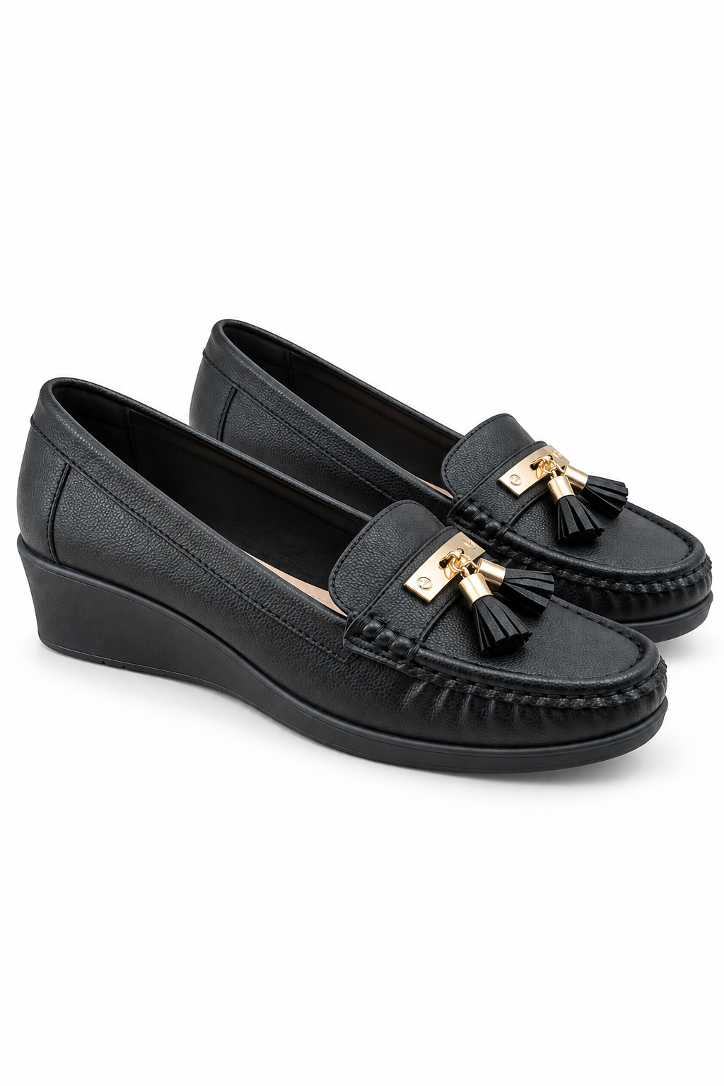 Clara Faux Leather Tassel Detail Wedge Loafers Black