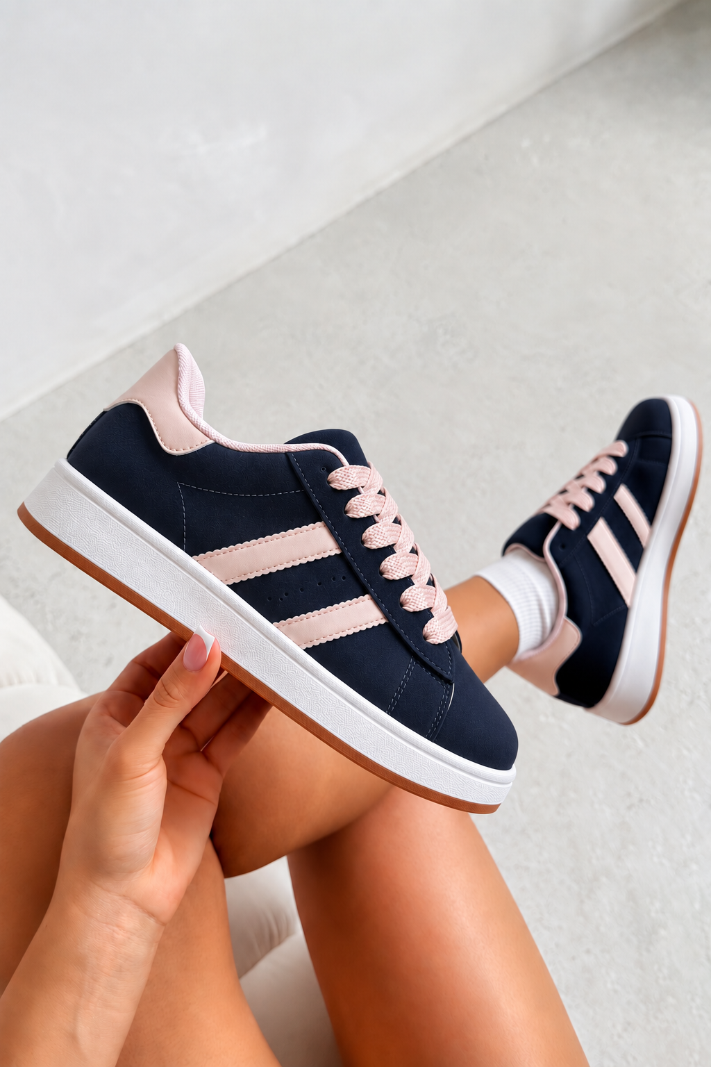 Classic Faux Suede Lace-Up Stripe Trainers Navy