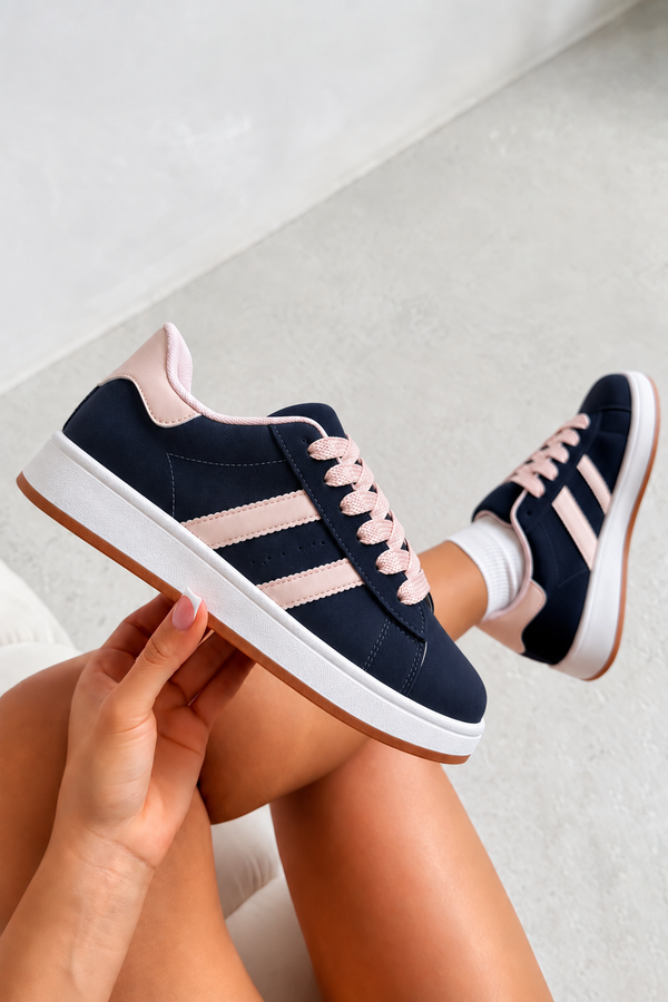 Classic Faux Suede Lace-Up Stripe Trainers Navy