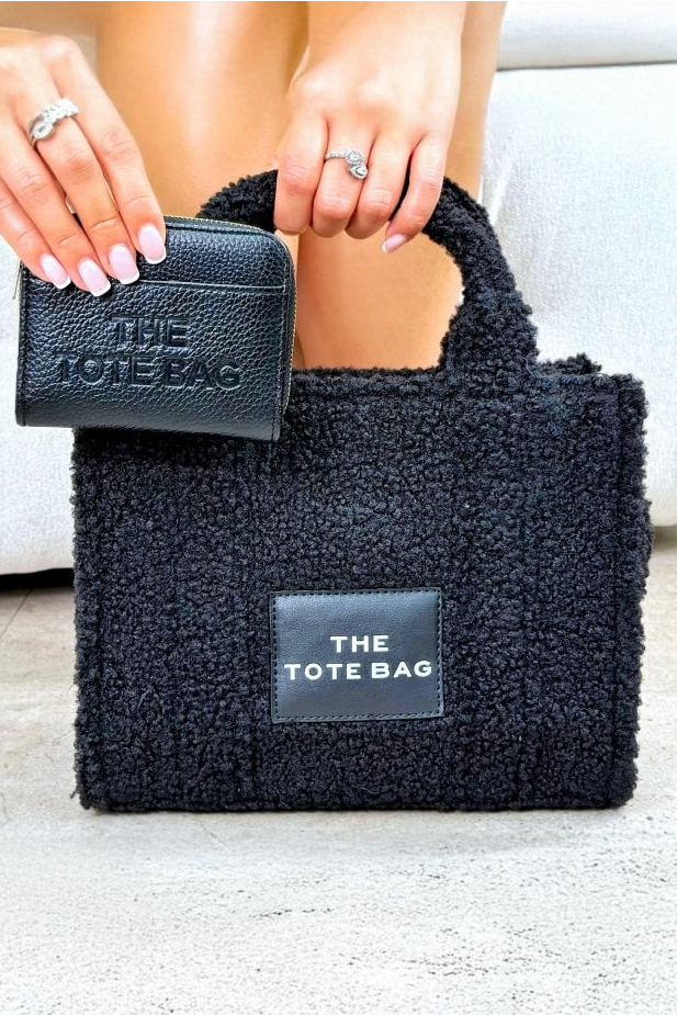 Classic Teddy Medium Tote Black &amp; Zip Up Tote Bag Purse Black Bundle, designed with a medium-sized silhouette.