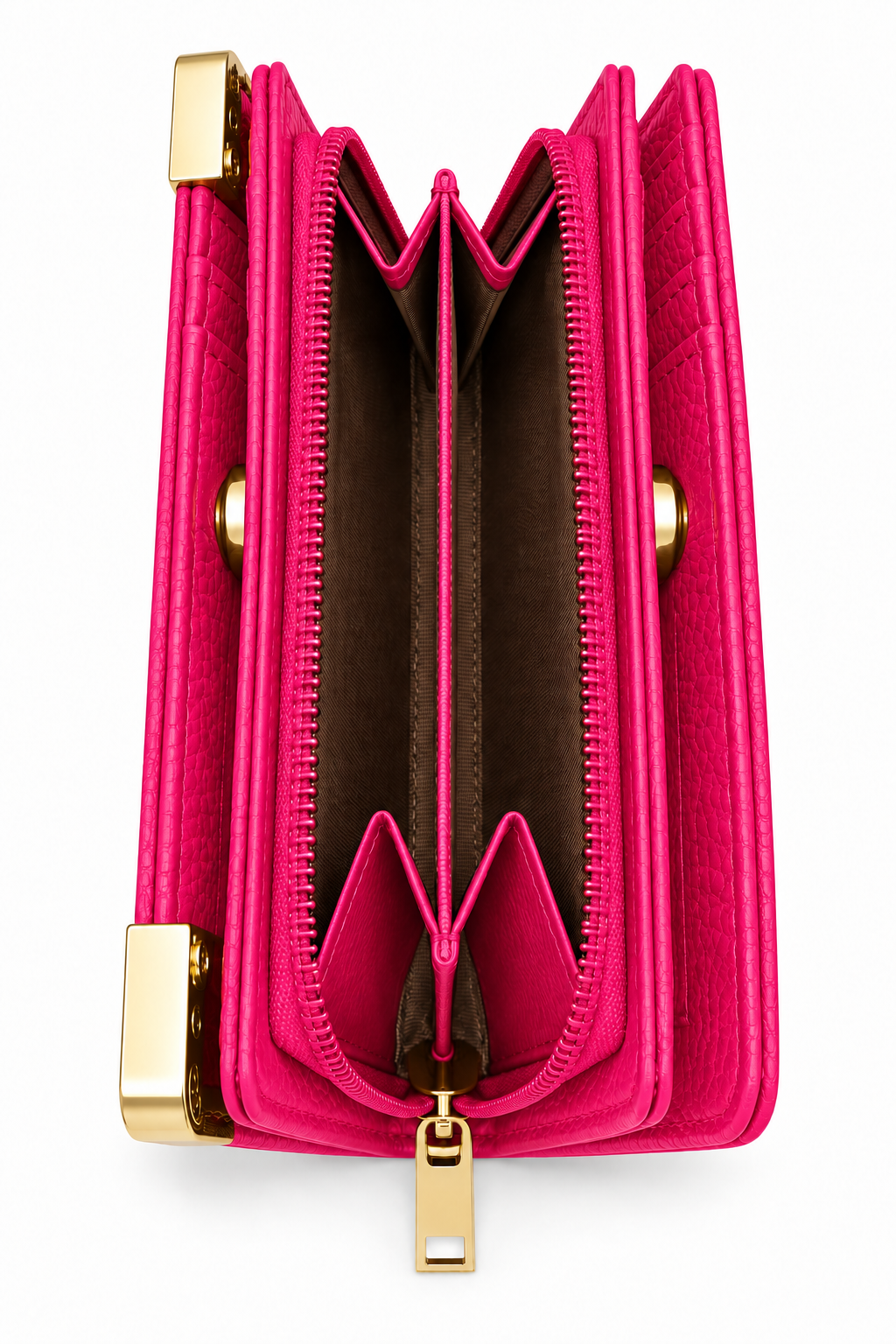 Hot pink textured tote purse shown from the side, featuring multiple accordion- style compartments, a central zippered section with matching pink zip trim, and gold-tone zipper pull and metal hardware. 