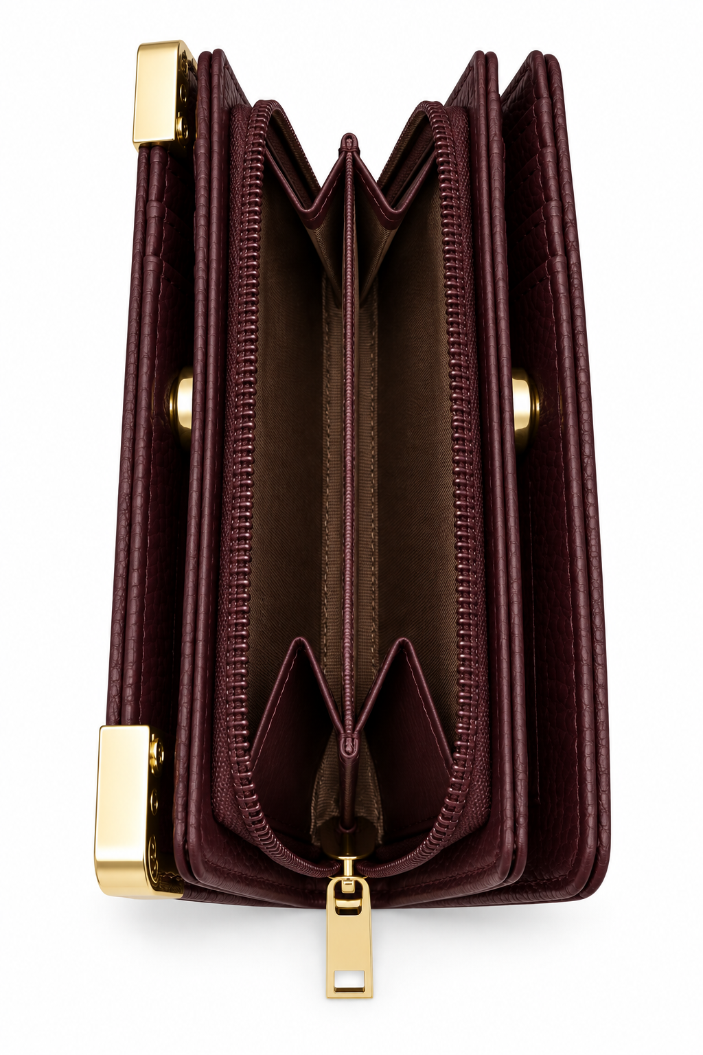 Plum zip- around purse shown open, featuring an accordion-style interior with multiple compartments, matching plum stitching, gold-tone zipper teeth and gold-tone zip pulls.