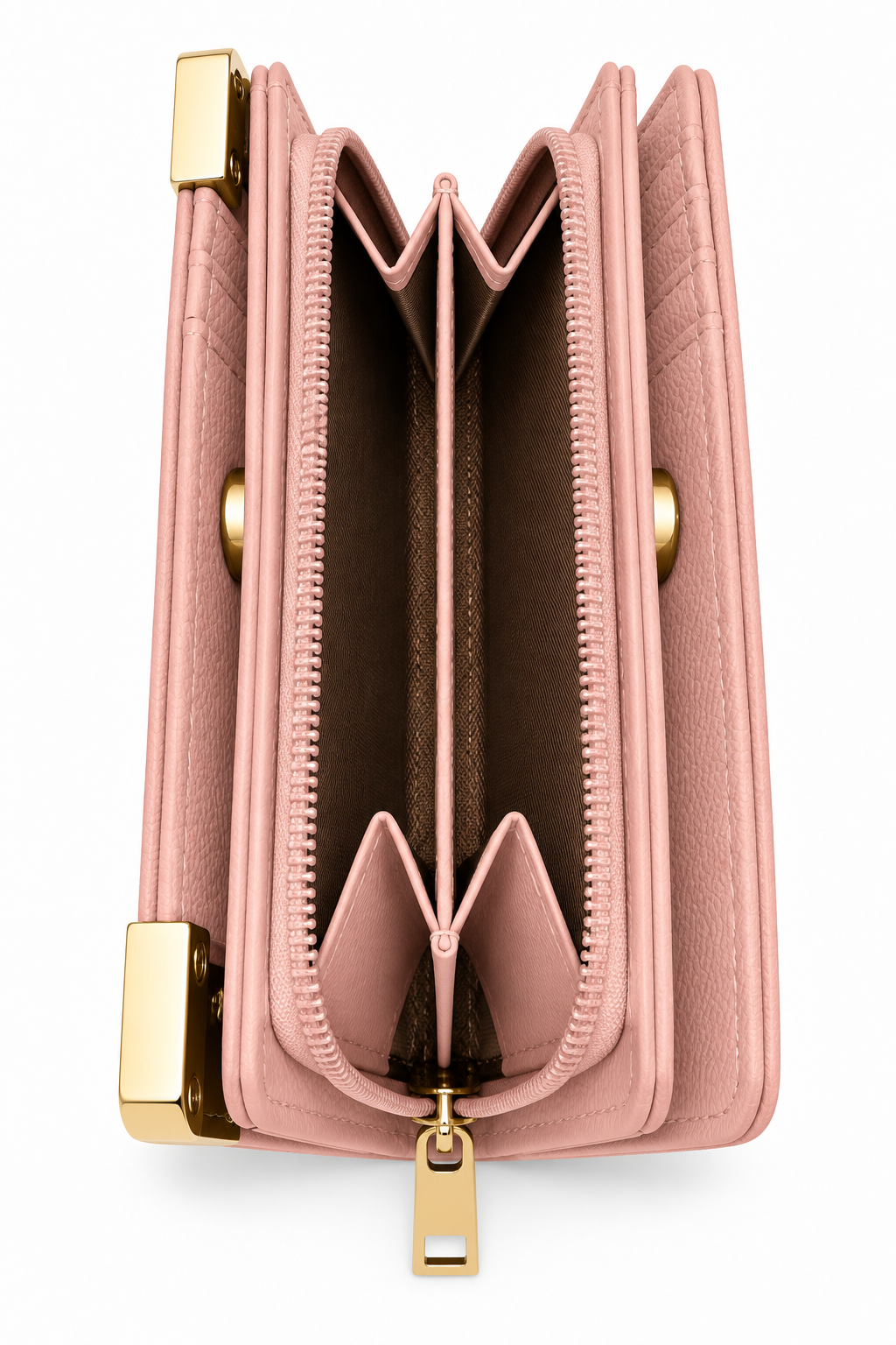 Light pink textured tote purse shown from the side, featuring multiple accordion-style compartments, a central zippered section with matching pink zip trim, and gold-tone zipper pull and metal hardware.