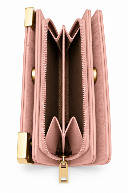 Light pink textured tote purse shown from the side, featuring multiple accordion-style compartments, a central zippered section with matching pink zip trim, and gold-tone zipper pull and metal hardware.