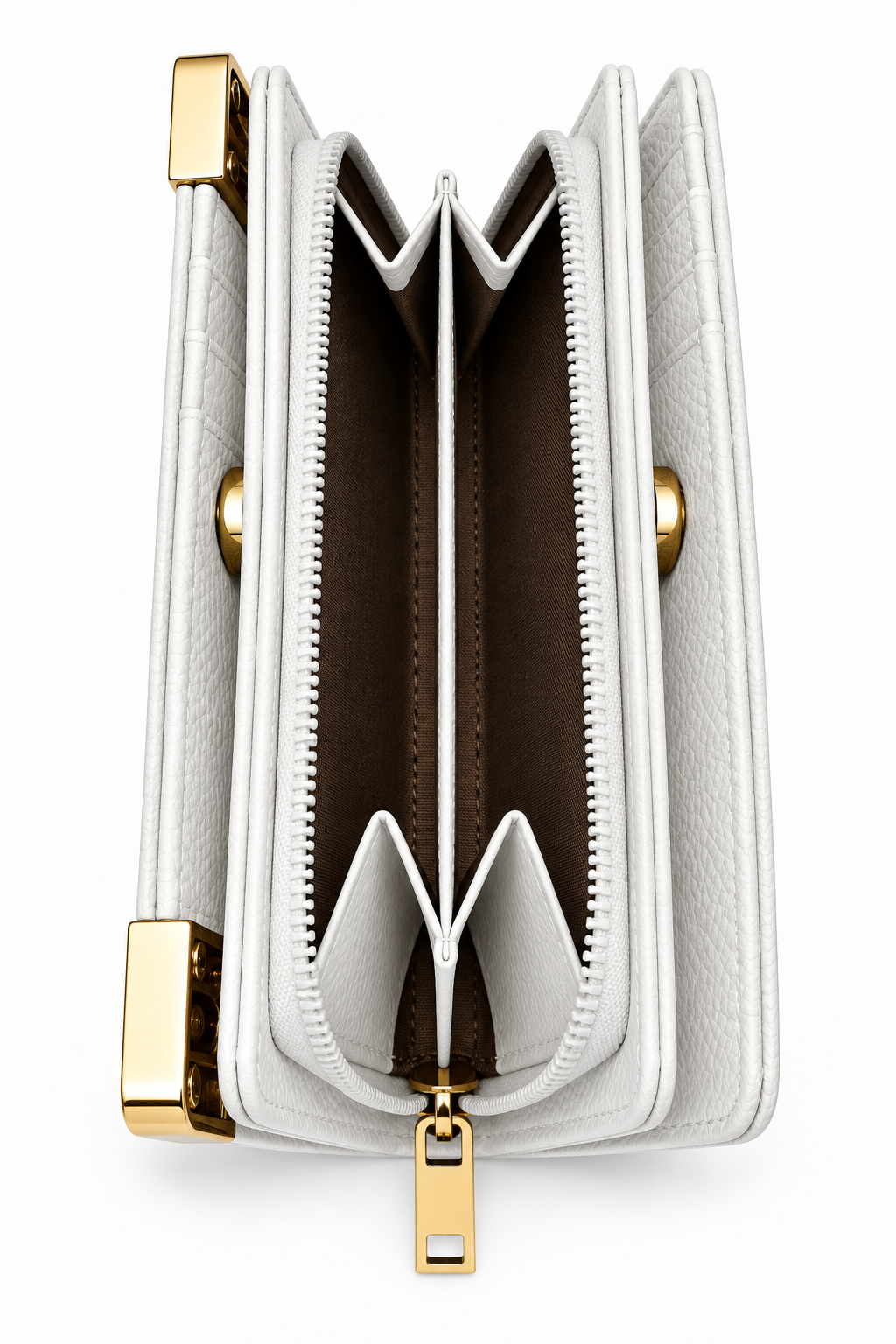 White textured tote purse shown from the side, featuring multiple accordion-style compartments, a central zippered section with white zip trim and gold-tone zipper pull and metal hardware. 