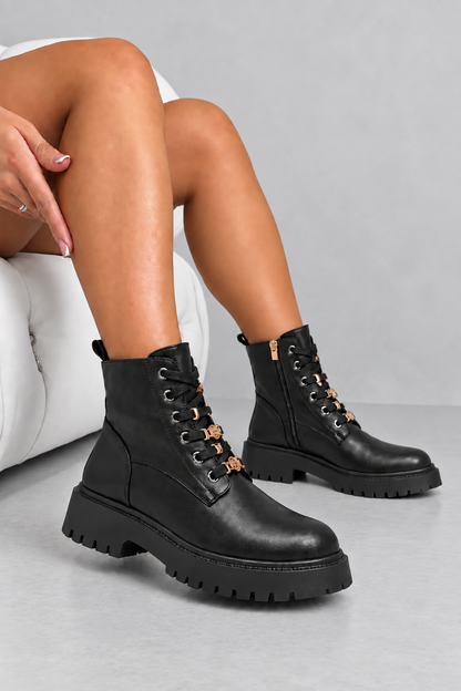 Cleo Luxe Gold Detail Leather Look Chunky Lace Up Ankle Boots Black