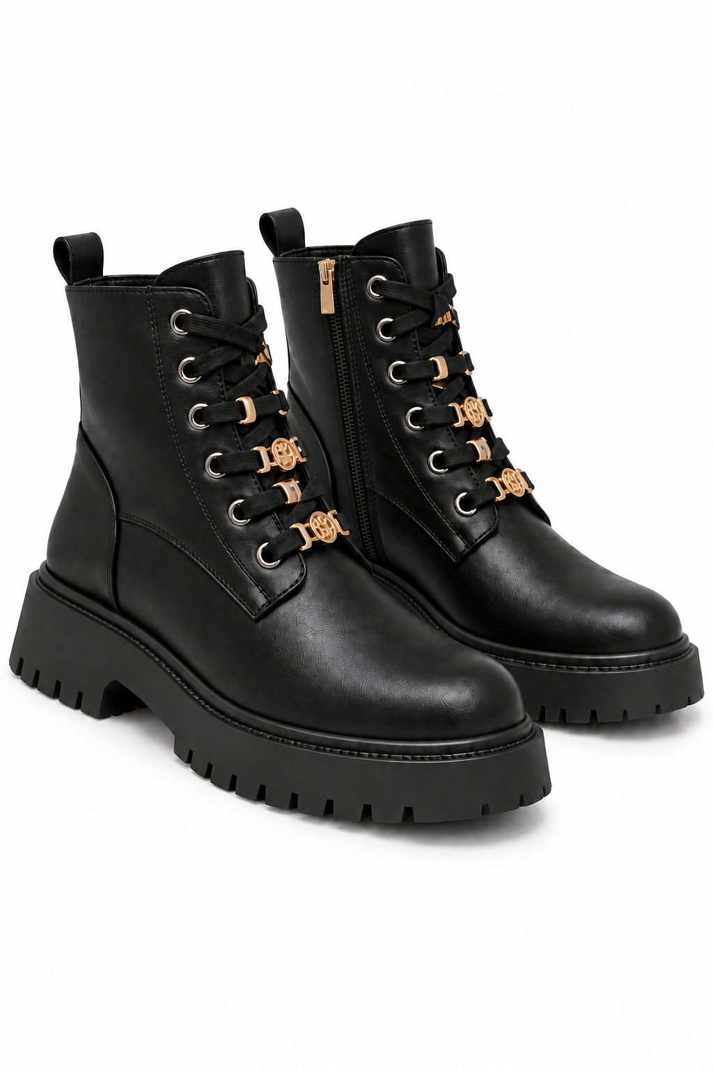Cleo Luxe Gold Detail Leather Look Chunky Lace Up Ankle Boots Black