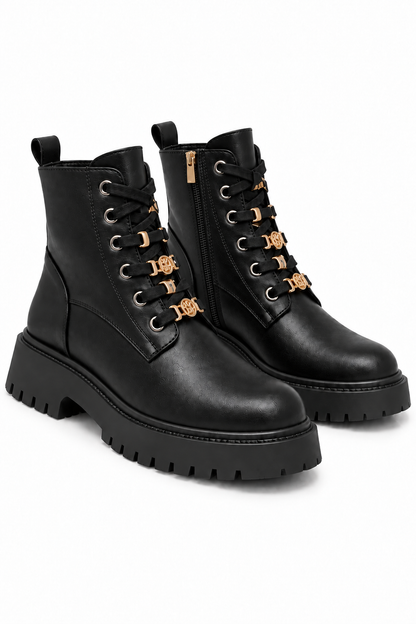 Cleo Luxe Gold Detail Leather Look Chunky Lace Up Ankle Boots Black