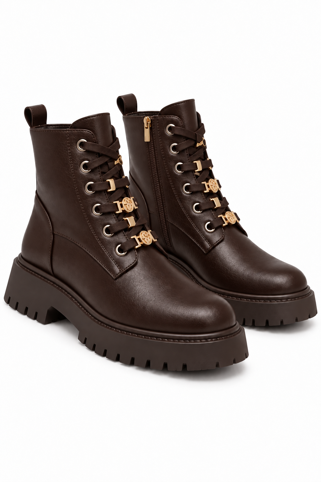 Cleo Luxe Gold Detail Leather Look Chunky Lace Up Ankle Boots Brown