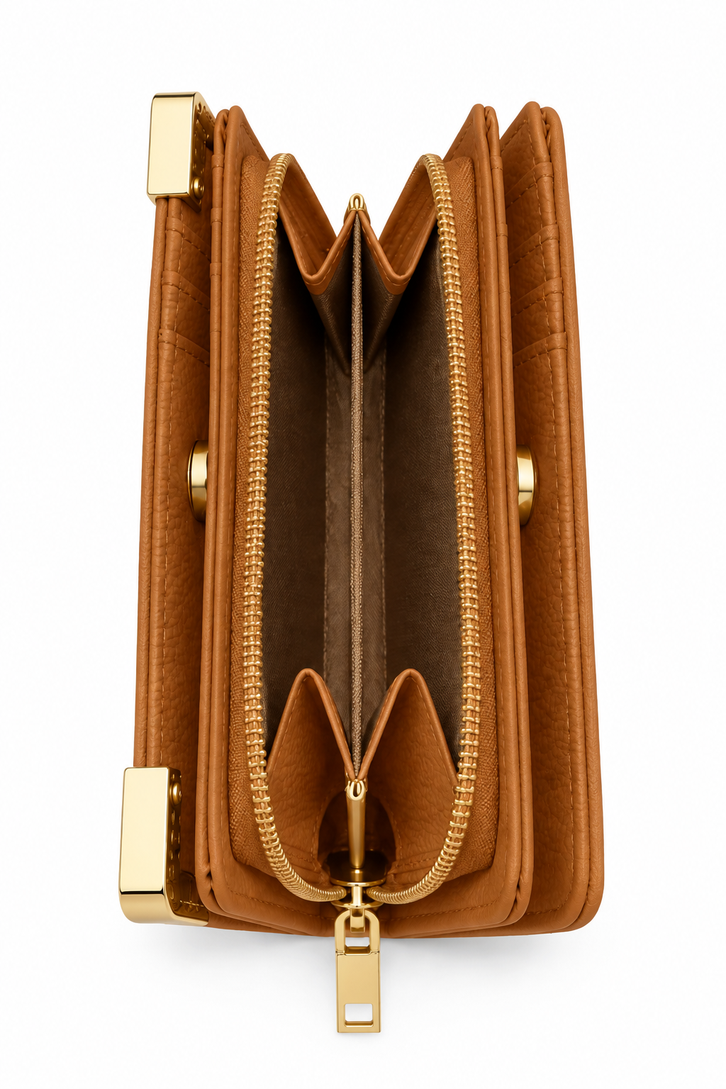 A tan faux-leather zip-around wallet shown open from a top-down view, featuring gold-tone hardware, card slots, and interior compartments on a white background.