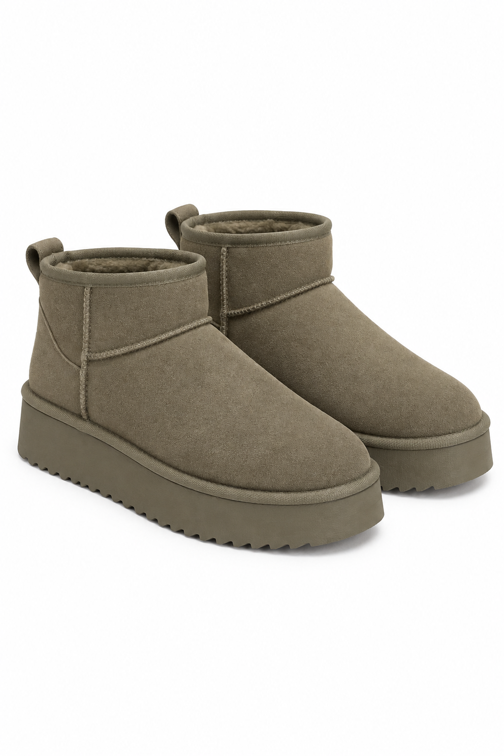 A pair of low-top ankle boots in a muted taupe-brown suede-like material with matching platform soles and a soft lining, shown on a plain white background.