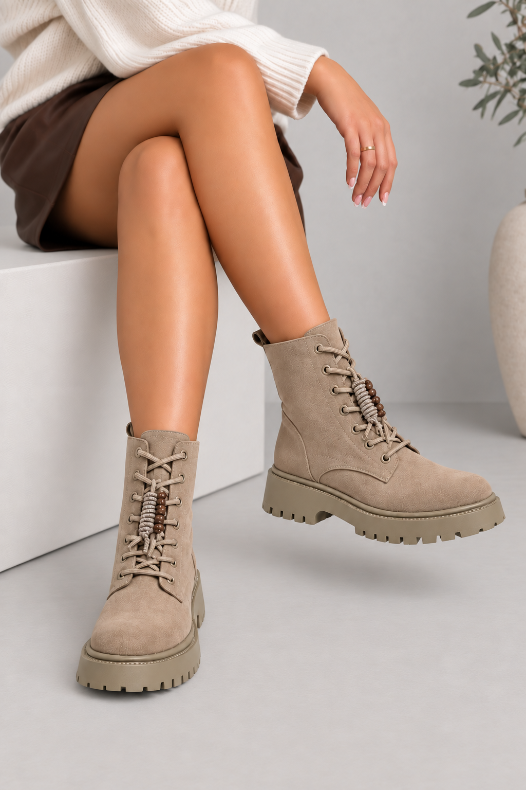Dakota Comfort Lace-Up Chunky Faux Suede Zip Up Biker Boots Nude