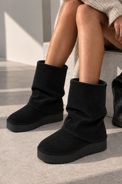 Vienna Comfort Faux Suede Foldover Mid-Calf Boots Black