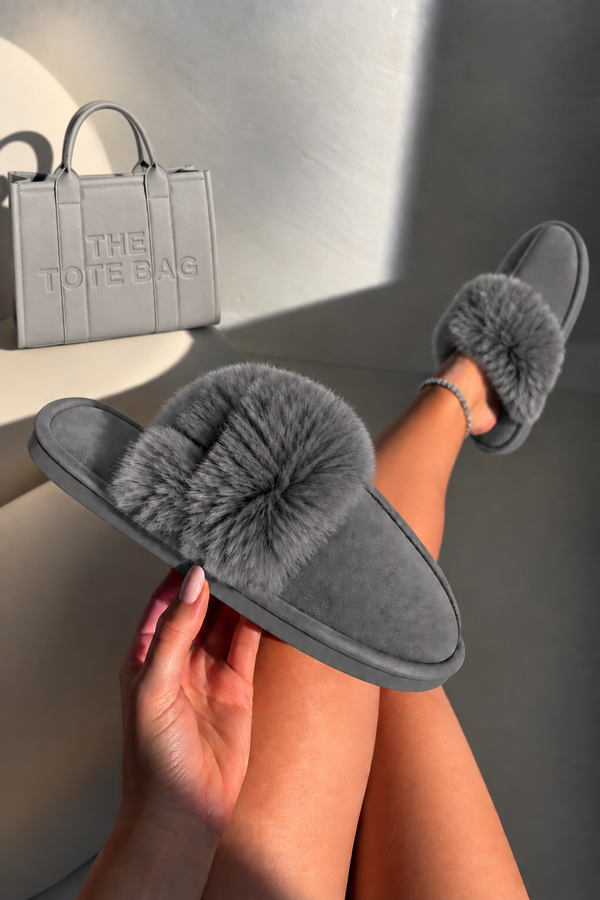 Comfort Cloud Nine Faux Fur Trim Mule Slippers Grey