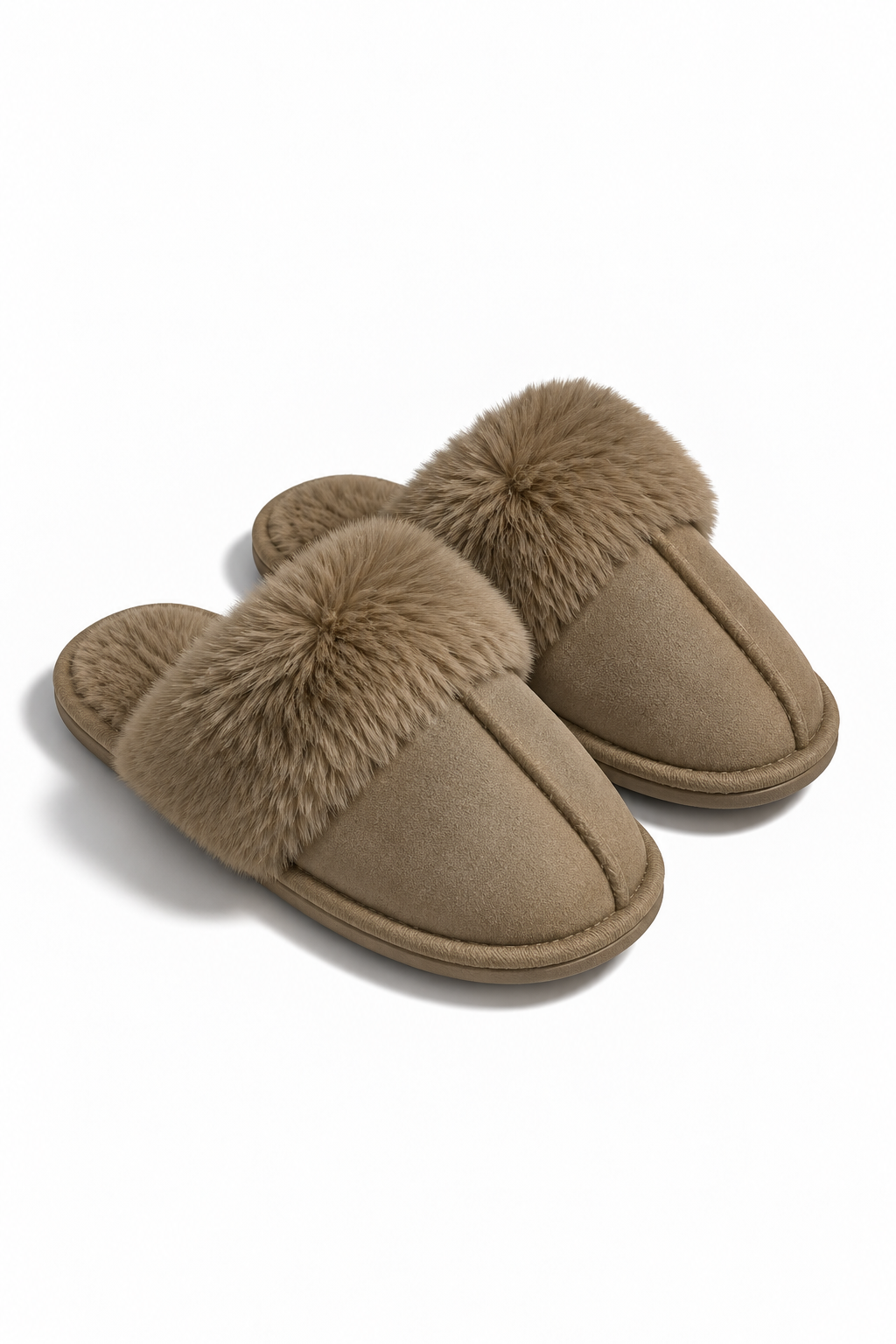 A pair of taupe slip-on slippers with fluffy faux-fur trim and pom-poms, shown on a clean white background.