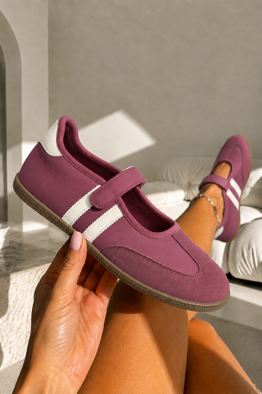 Comfort Mary Jane Padded Footbed Slip On Trainers Burgundy